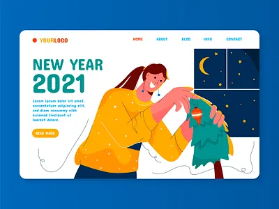 New year landing page character christmas color colorful cute design girl illustration landing minimal new night page tree ui vector web woman year