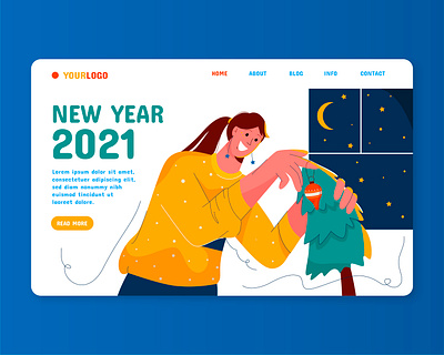 New year landing page character christmas color colorful cute design girl illustration landing minimal new night page tree ui vector web woman year