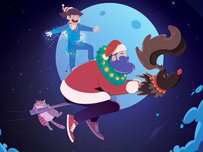 CHRISTMAS IS COMING - STAY AT HOME cartoon celebration character children christmas comics dad daughter drawing family father flying fun happy illustration kid magical santa claus santaclaus together