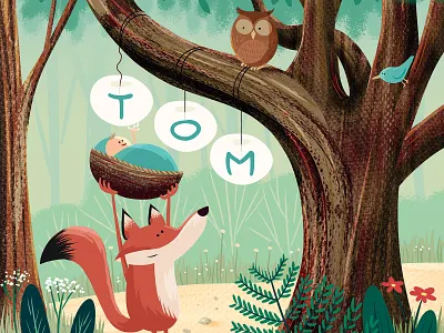 Tom baby birth announcement fox illustration owl woods