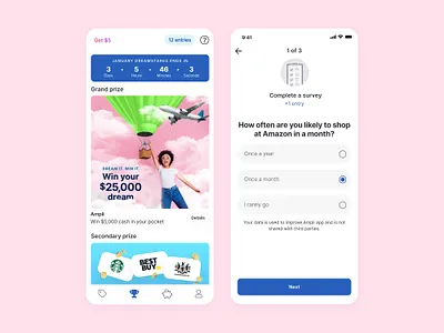 Dreamstakes contest countdown design game mobile app mobile design mobile ui prize survey ui ux
