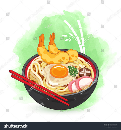 Udon bowl on bamboo watercolor background. Toppings include eggs anime cartoon food illustration illustration japanese food manga noodles prawn ramen shrimp tempura udon vector