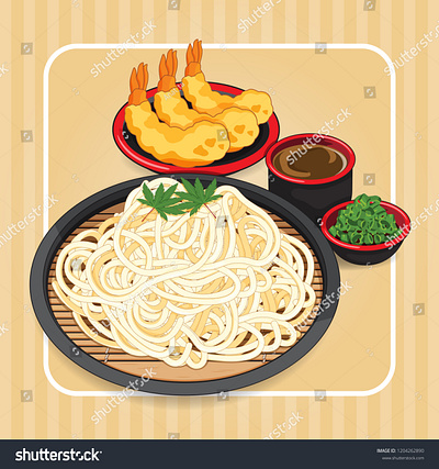 Somen noodles with tsuyu dipping sauce, scallion and topping tem anime banner cartoon food illustration illustration japanese food manga noodle noodles poster prawn shrimp soup tempura vector