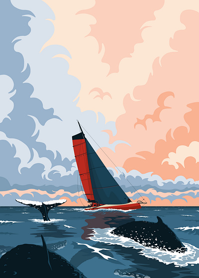 J+22 Cap de Bonne Espérance boat cloud flat illustration imoca sail sailing sea sunset vector whale