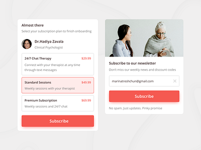 Subscribe Screen | DailyUI | 026 026 card dailyui design doctors email list mobile new newsletter plans price selection session subscribe subscription subscriptions therapy ui user interface