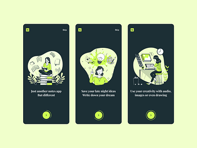 Notefly | Onboarding app dark theme dark ui design illustration mobile design mobile ui notes app onboarding onboarding ui ui walktrough