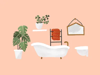 White Bathroom with plants bathroom bathroom design bathtub flat illustration home decor house illustration illustration mirror procreate toilet towel
