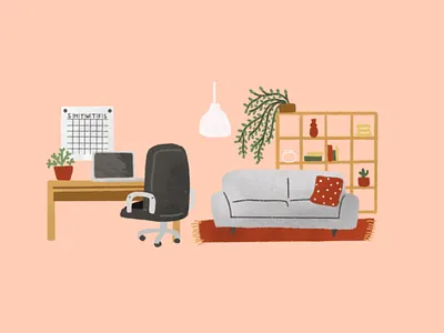 The living and the studio bureau flat illustration house illustration ikea ikea light illustration kallax livingroom pillow procreate room decor schedule sofa studio working chair working space