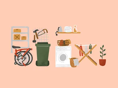 Laundry room and the messy garage basket bin boxes brompton compost diy tool drying rack garage hammer home decor house illustration illustration iron laundry room rattan room illustration tools towels trash bin washing machine