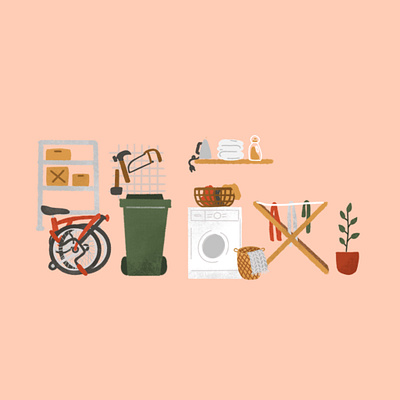 Laundry room and the messy garage basket bin boxes brompton compost diy tool drying rack garage hammer home decor house illustration illustration iron laundry room rattan room illustration tools towels trash bin washing machine