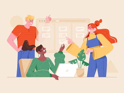 10 Retrospective Games Ideas boy character communicate computer discuss girl happy illustration long hair man office personality plant recreation web woman work