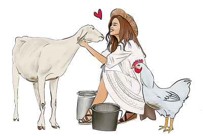 On the farm chicken design farm girl goat illustration lady woman