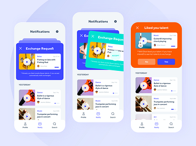 Talento Application - Notification screens exchange hybrid minimal mobile notification notify request swipe talent ui screen ux design