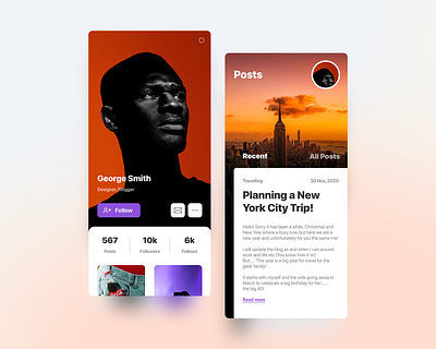 Blogger android artist black blog blogger blur card design designer figma flat ios mobile new york nyc person profile sketch ui ux