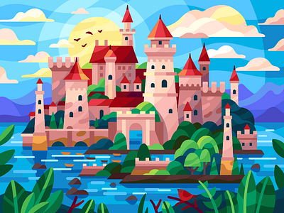 Island castle boats castle clouds coloring book flatdesign forest fort fortress gallery game illustration harbor illustration island stronghold sunrise sunset vector vector illustration