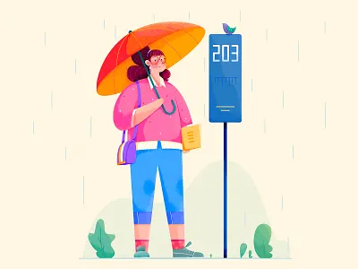 Waiting in the rain affinity designer bird bus character flat girl illustration lady noise outdoor people plant rain rainy stop umbrella uran vector wait woman