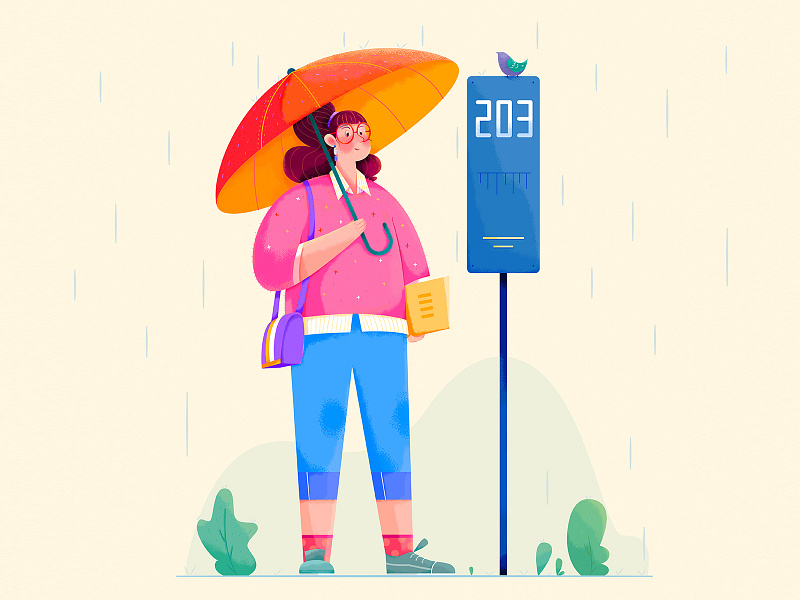 Waiting in the rain affinity designer bird bus character flat girl illustration lady noise outdoor people plant rain rainy stop umbrella uran vector wait woman
