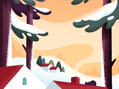 Snowy winter day art cats chill color countryside december evening forest holidays houses illustration magic nature photoshop plants snow sunset texture trees winter