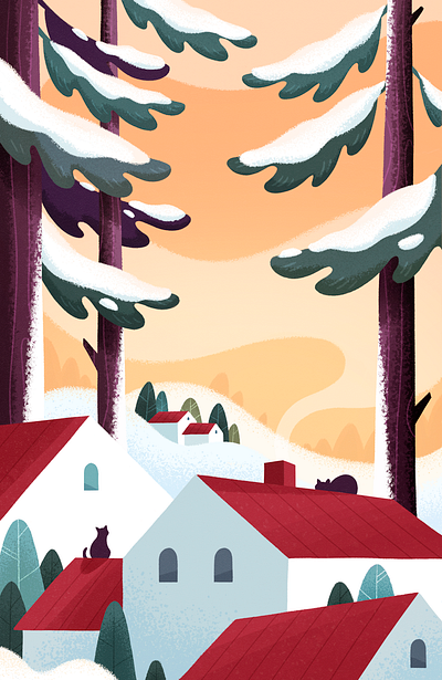 Snowy winter day art cats chill color countryside december evening forest holidays houses illustration magic nature photoshop plants snow sunset texture trees winter