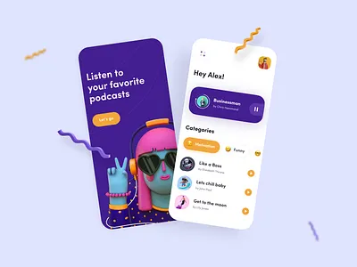 Podcasty App 3d 3d animation 3d art android app app ui application audiobook design designer figma flat illustraion illustrator minimal music podcast podcast app ui ux