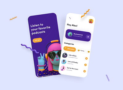 Podcasty App 3d 3d animation 3d art android app app ui application audiobook design designer figma flat illustraion illustrator minimal music podcast podcast app ui ux