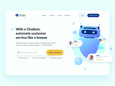 Chatbot - for enterprises ai artificial intelligence chat bot chatbot dailyui dailyuichallenge hero section homepage iconography landingpage minimal modern design pastel soft colors ui ui design uichallenge uidesign uiux uxresearch