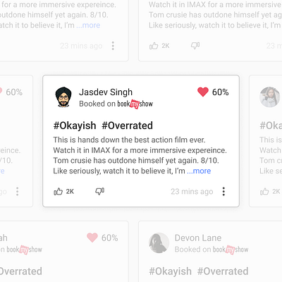 Review card with trust marker - BookMyShow Ratings & Reviews bookmyshow content design heart movie app ratings reviews ticket app ui design