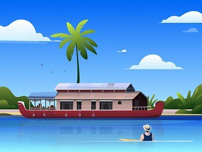 Houseboat art design blue cloud design digital illustration drawing houseboat illustration landscape nature painting people print sky surf travel tree vector vector illustration wallpaper