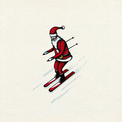 Santa Tries Skiing art bold lines bright colors christmas halftones illustration true grit texture supply