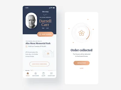 Memcare: digital transformation for funeral homes. app death funeral gold ideamotive market minimal mobile ui