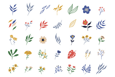 Floral elements with flowers and leaves collection artwork clip art colorful cute decoration doodle drawing flat flora floral florist flower flower illustration forest illustration leaf leaves minimal simple vector
