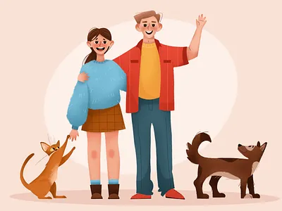 Pets 2d art 2d personage animals boy cat character character design children book illustration cute animal cute illustration dog family home illustration man mobile pets procreate texture women