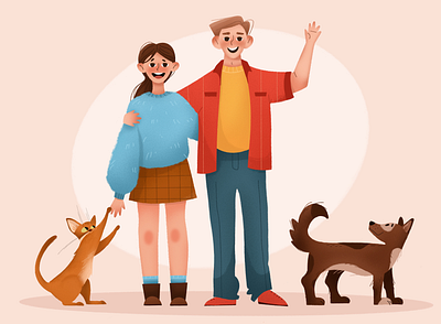 Pets 2d art 2d personage animals boy cat character character design children book illustration cute animal cute illustration dog family home illustration man mobile pets procreate texture women