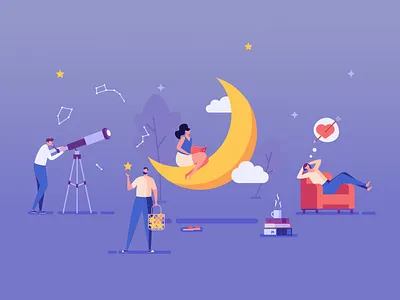 Night dreaming concept astrology astronomy book design dream dreaming illustration night reading telescope vector wish wishes