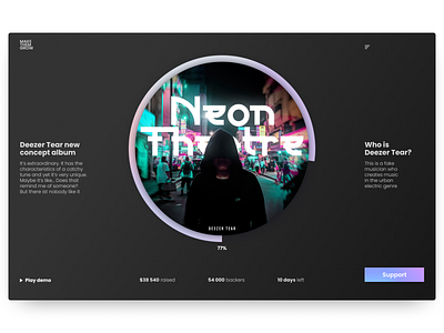 Crowdfunding Campaign — DailyUI #032 crowdfunding crowdfunding campaign daily ui dailyui dark theme design desktop figma musician neon ui