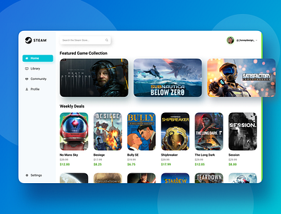Steam Application Redesign design game gaming home page modern pc gaming redesign steam ui ux videogame
