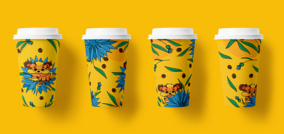 Yellow Coffee Cup blue flower cartoon character coffee coffee cup coffee cup design coffee shop cup design design illustration packaging design tiger yellow