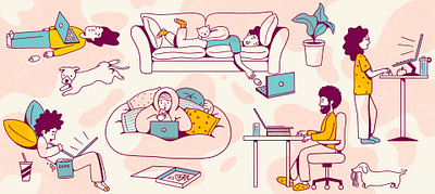 Work At Home couch couch potato cute editorial illustration hp illustration pillow fort pizza procreate remotework tbrand tbrandstudio texture wfh work from home