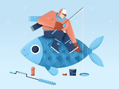 My dream fish characterdesign color design digital dream fish fishing fishing rod flat illustration pattern people snow textures thermos vector winter