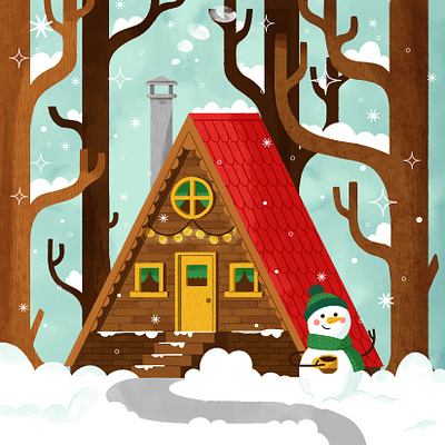 Cozy Cabin in Winter Forest cabin character christmas cute design digital digital illustration house illustration merry christmas robin sheldon snow snowman winter