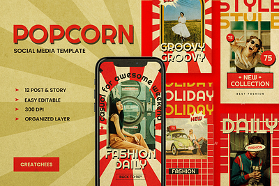 POPCORN Social Media Template advertising art branding design graphic facebook girl hypebeast illustration instagram instagram post instagram story portfolio quotes red social media pack stories story template