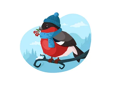 cute bullfinch bird branch bullfinch illustration illustrator landscape print snow vector vector art winter