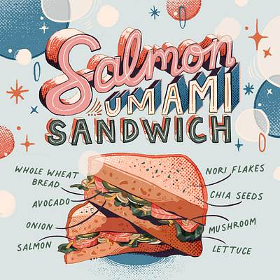 Salmon Umami Sandwich brush illustration lettering pink recipe salmon sandwich