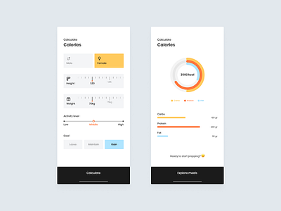 Calorie Caculator | Daily UI 004 appdesign appdesigner calculator calorie calories chart charts daily daily 100 challenge dailyui004 dailyui4 dailyuichallenge diet filter filters graph graphs meals minimal selector