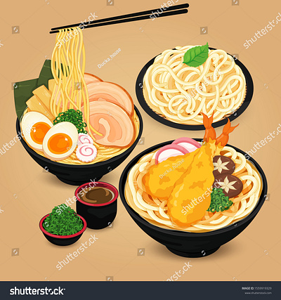 Japanese noodles: ramen, udon and soba vector. anime cartoon food illustration illustration japanese food manga meal noodles pork ramen soba somen udon vector