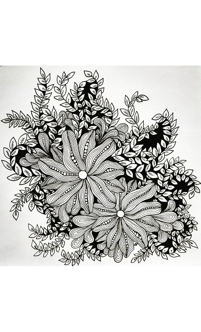 Lines, many lines. And leaves. black and white flowers illustration lines zentangle