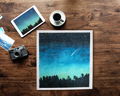 Starlight Night. Acrylic acrylic comet falling star forest freehand drawing illustration night picture scenery sky stars trees