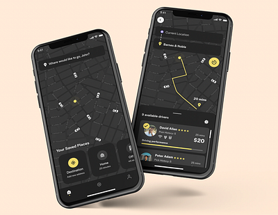 Ride Hailing App adobexd app design app ui black car dark mode dark mode app ride app ride hailing ride share ride sharing app ridesharing taxi app taxi booking app taxi ui uber ubereats ui ux yellow