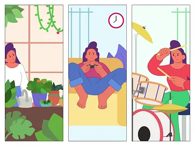 Quarantine Hobbies after effects animation character animation character concept character design girl hobby illustrator loop loop animation lottie lottie animation lottie files quarantine quarantine hobby quarantine life
