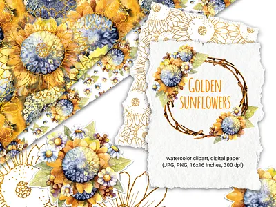 Golden sunflowers. Watercolor, graphics, digital paper design illustration акварель букет венок графика золото подсолнухи рисунок ромашка флора цветы цифровая бумага